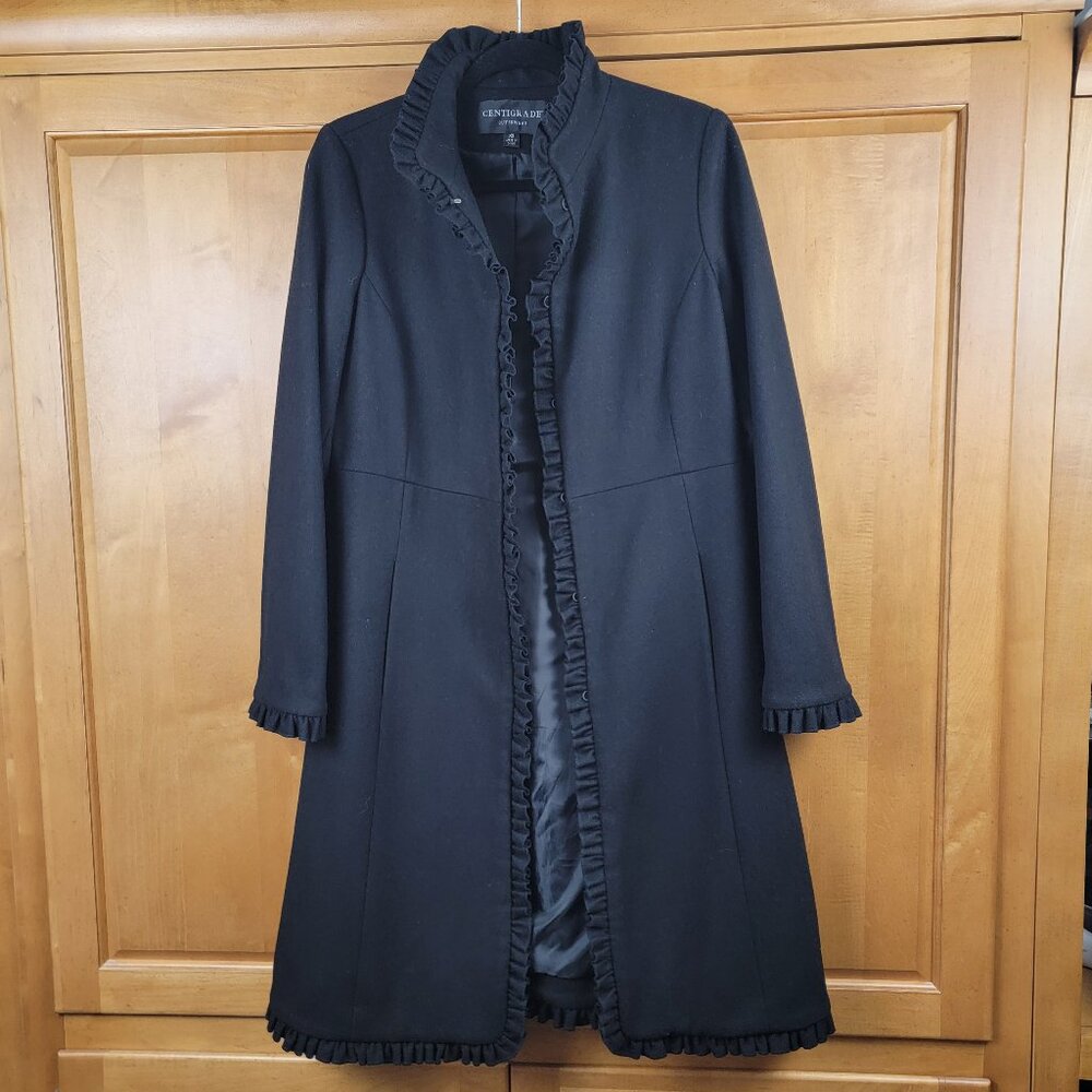 Women's Centigrade Stylish Black Wool Blend Ruffle Overcoat - XS - Picture 3 of 14